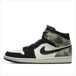 Nike Mid Cut Camo Basketbol Ayakkabısı Air Jordan 1 Erkek Siyah Beyaz Yeşil | JD-715RN