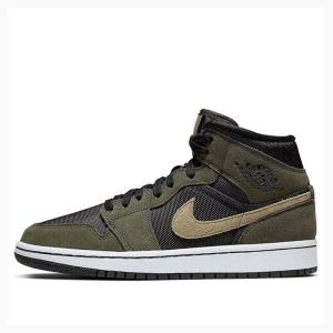 Nike Mid Cut Military Basketbol Ayakkabısı Air Jordan 1 Kadın Zeytin Yeşili Siyah | JD-924SX