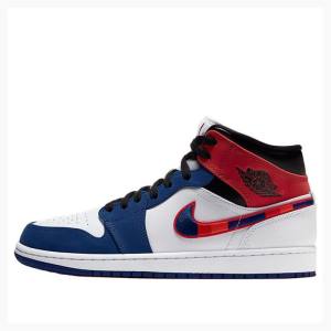 Nike Mid Cut SE Basketbol Ayakkabısı Air Jordan 1 Erkek Beyaz Mavi Kırmızı | JD-389FN