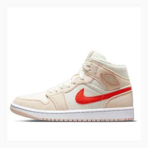 Nike Mid Cut SE Corduroy Sail Basketbol Ayakkabısı Air Jordan 1 Kadın Krema Kırmızı | JD-210IT