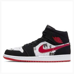 Nike Mid Cut SE Newspaper Air Times Basketbol Ayakkabısı Air Jordan 1 Erkek Siyah Beyaz Kırmızı | JD-649AH