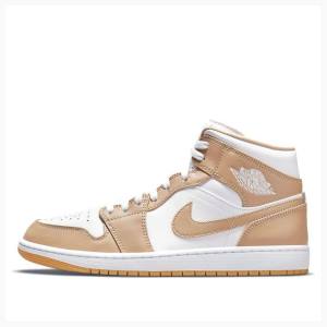 Nike Mid Cut Tan Gum Basketbol Ayakkabısı Air Jordan 1 Erkek Bej Rengi Beyaz | JD-672CJ