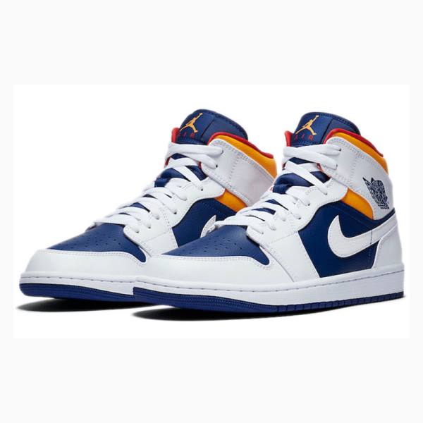 Nike Mid Cut Basketbol Ayakkabısı Air Jordan 1 Erkek Beyaz Mavi Turuncu | JD-893XM