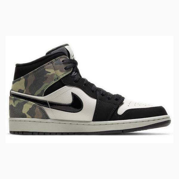 Nike Mid Cut Camo Basketbol Ayakkabısı Air Jordan 1 Erkek Siyah Beyaz Yeşil | JD-715RN