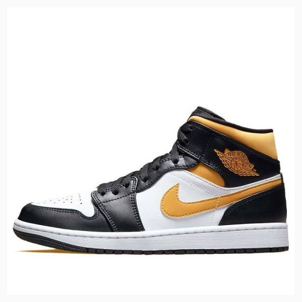 Nike Mid Cut Pollen Basketbol Ayakkabısı Air Jordan 1 Erkek Siyah Beyaz Sarı | JD-801OG