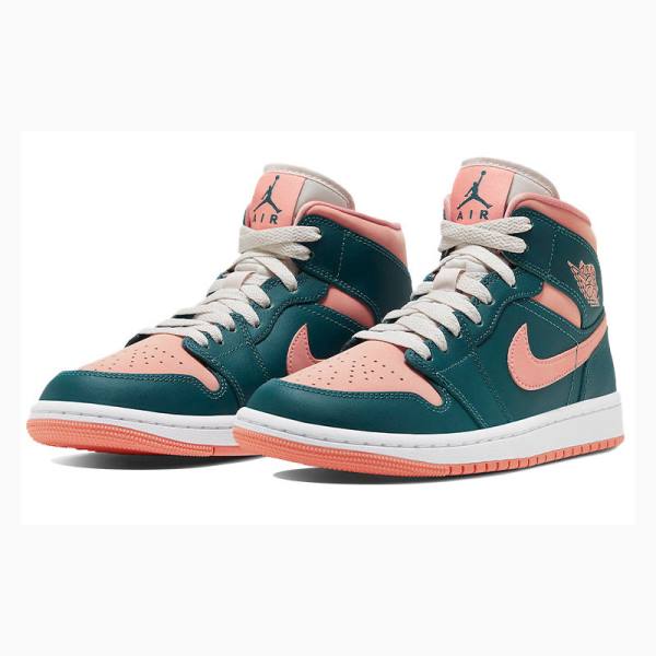 Nike Mid Cut Teal Basketbol Ayakkabısı Air Jordan 1 Kadın Yeşil Pembe | JD-523DM